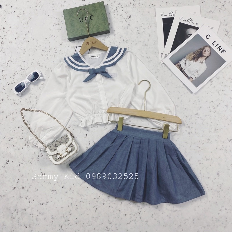 Set áo Sơmi Nữ sinh cổ Nơ Quần váy xoè đi học cho bé gái size đại 16-41kg siêu xinh dễ thương