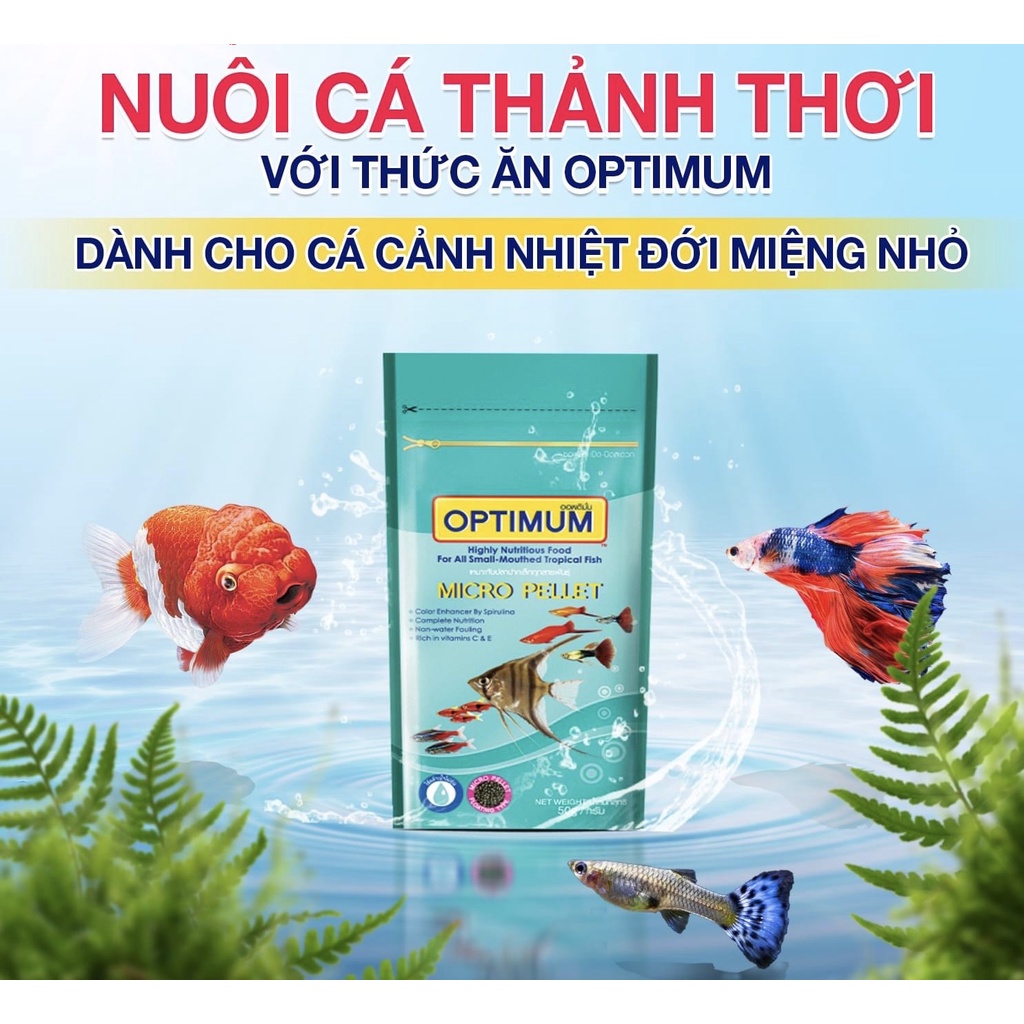 Cám cá Thailand - thức ăn cá cảnh OPTIMUM - lên màu, hạt nhỏ cho cá ông tiên, cá 7 màu, cá beta, la hán - gói 50g