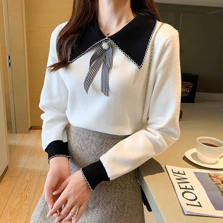 Áo len nữ đẹp  Áo len cổ bẻ nơ, chất liệu len dệt kim dày mịn, kiểu dáng trẻ trung