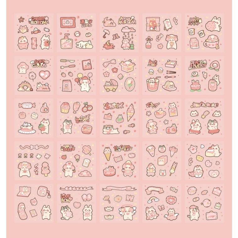 Sticker cute/Set hộp 200 tấm hình dán dễ thương Sakura Party trang trí sổ planner bullet journal Hàn Quốc Tẻn Tẻn