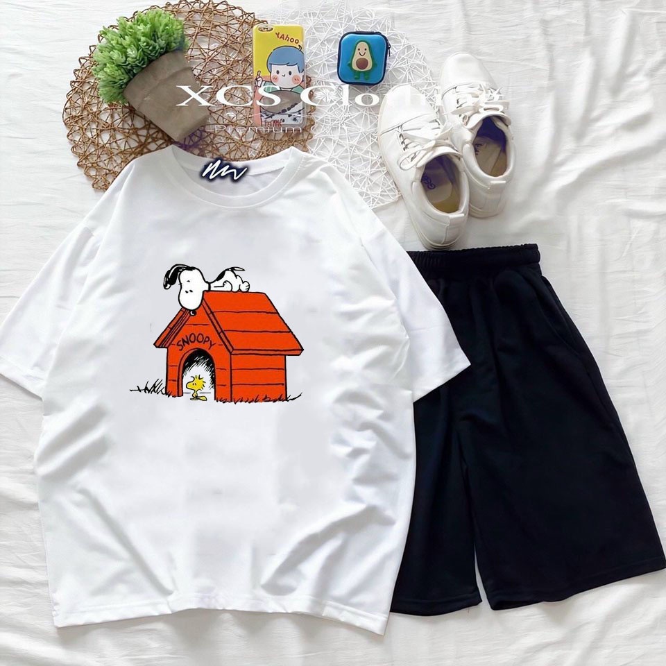 Sét Bộ Đồ Quần Áo Ngắn Tay Nam Nữ Ulzzang Mặc Đi Chơi Siêu Xinh, Áo Phông Cotton In 3D Hình Chú Chó Snoopy Và Ngôi Nhà