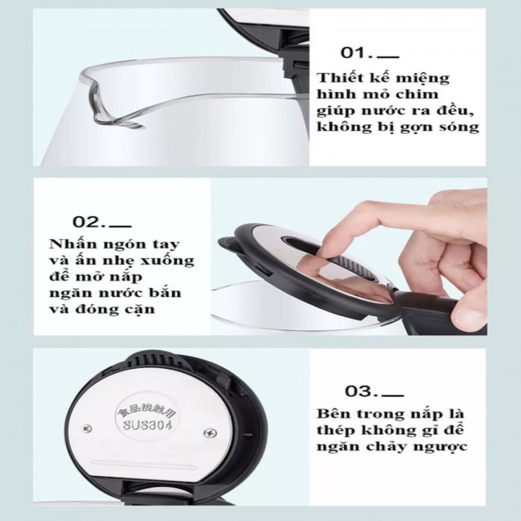 Ấm siêu tốc thủy tinh KAW, Dung Tích 2L, Đun Siêu Tốc, Trong Suốt, Cường Lực Tự Ngắt Khi Sôi