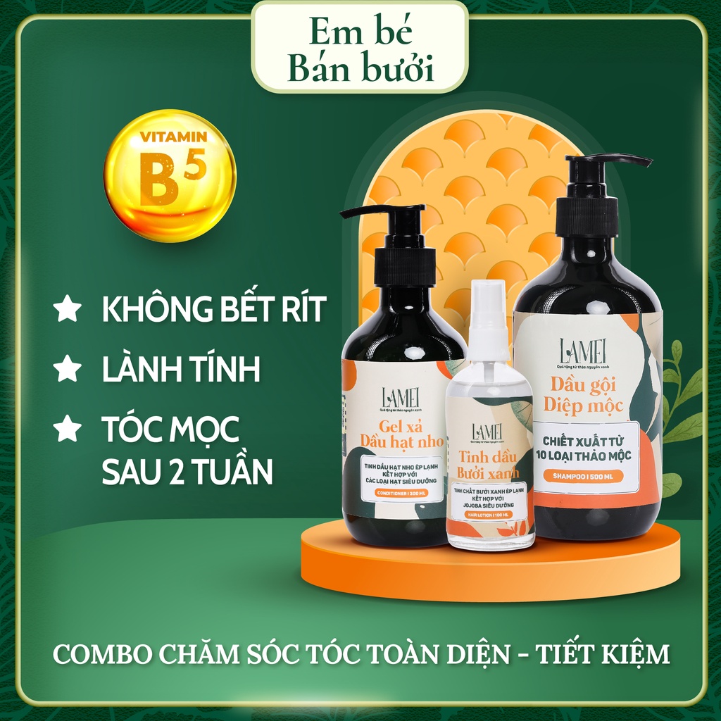 Combo [Tiết Kiệm] Dầu Gội 500 ml, Gel Xả 300 ml Và Tinh Dầu Bưởi Xanh Lamei 100 ml Chăm Sóc Tóc Toàn Diện