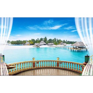 Tranh dán tường 3D cửa sổ cảnh biển - VẢI LỤA phủ kim sa (kích thước theo yêu cầu)