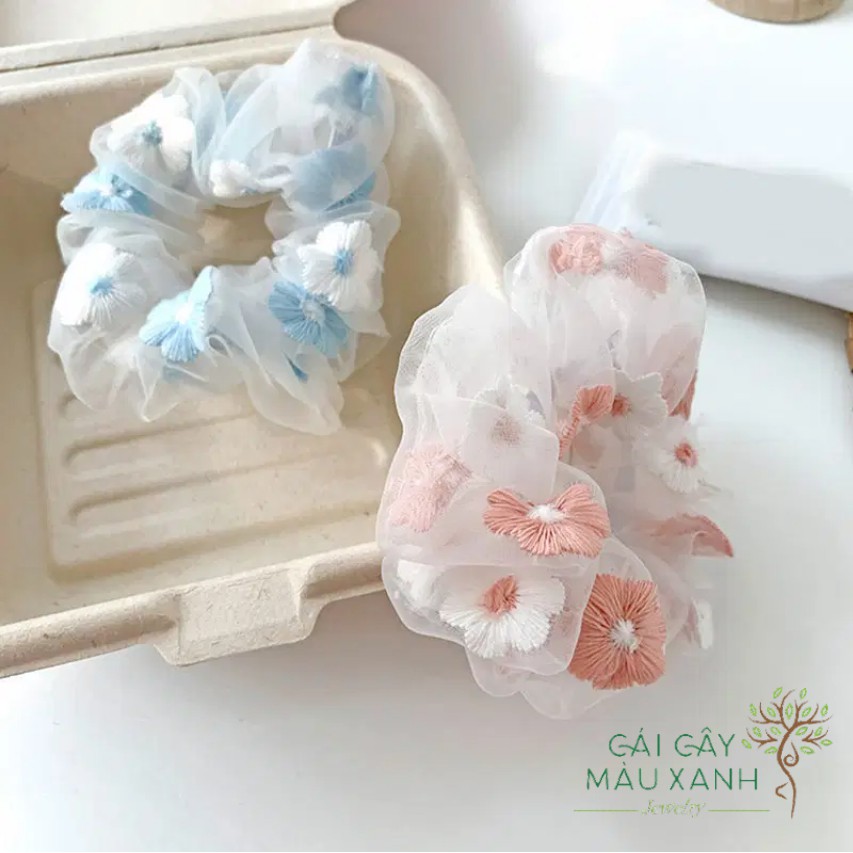 [VIDEO THẬT] CỘT TÓC SCRUNCHIES LƯỚI THÊU HOA