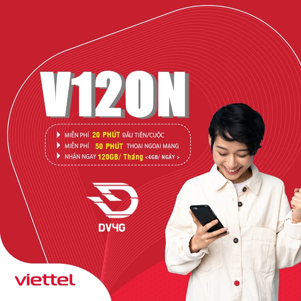 SIM V120N Viettel có 120GB/tháng - Miễn phí gọi nội mạng - 50 phút ngoại mạng