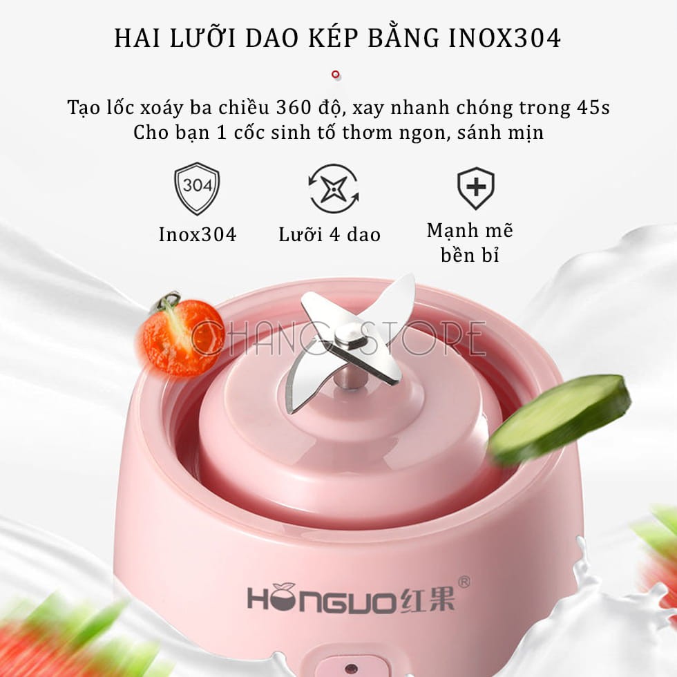 Máy Xay Sinh Tố Mini Cầm Tay Cao Cấp Honguo Sạc Pin Dung Tích 300ml