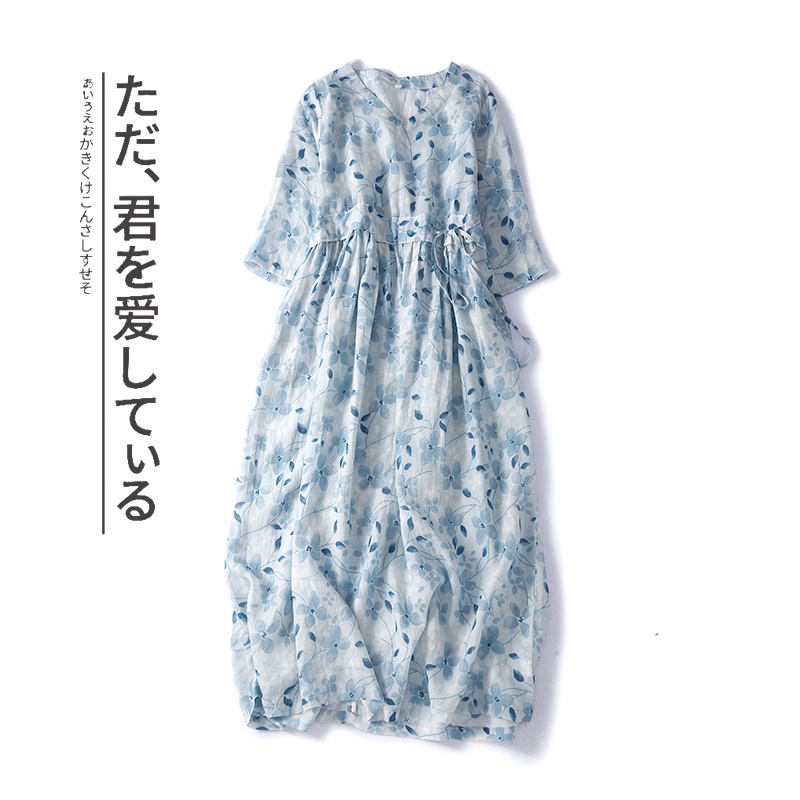 Đầm Chữ A Vải Lanh Cotton Tay Lửng Ôm Eo Thời Trang Mùa Hè Cho Nữ