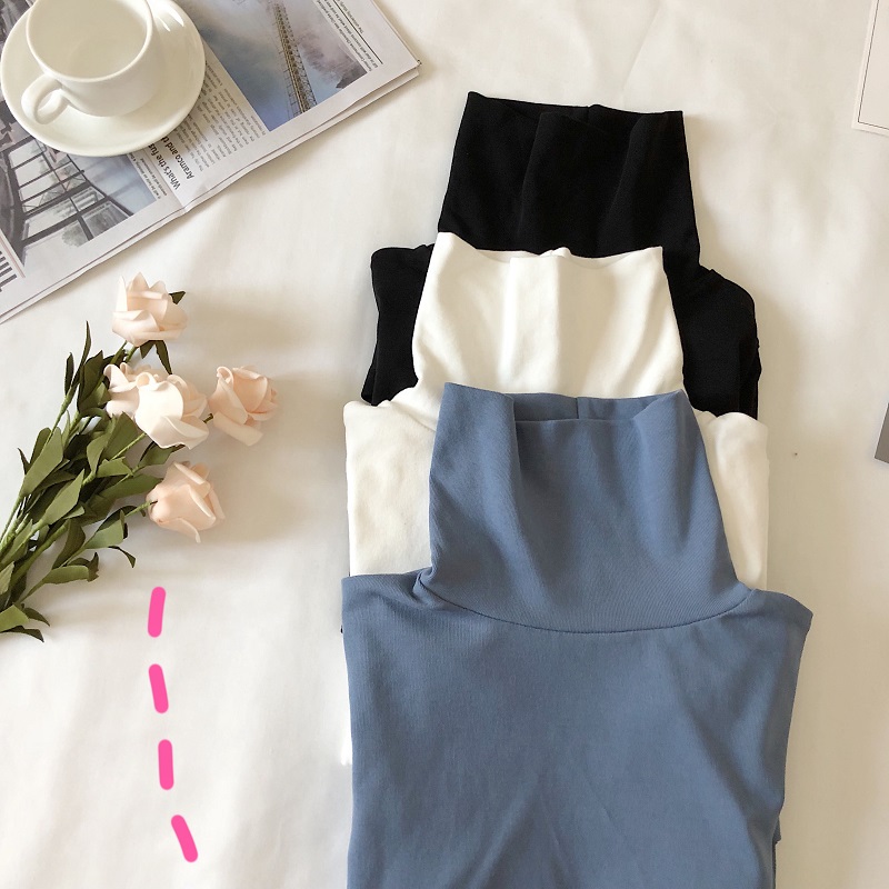 Áo Thun Nữ Tay Dài Cổ Cao Màu Trơn Phong Cách Hàn Quốc