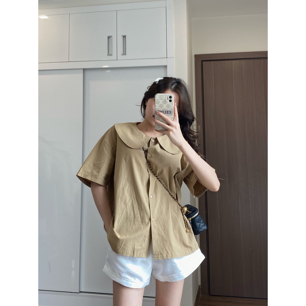 Áo sơ mi ngắn tay cổ điệu chất thô phong cách Hàn Quốc