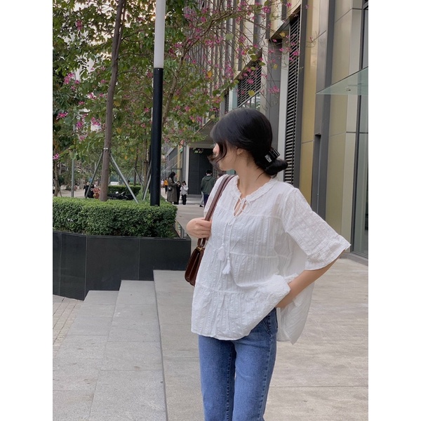Áo kiểu babydoll 3 tâng ngắn tay cổ nơ TKA266 LOLLIE STUDIO