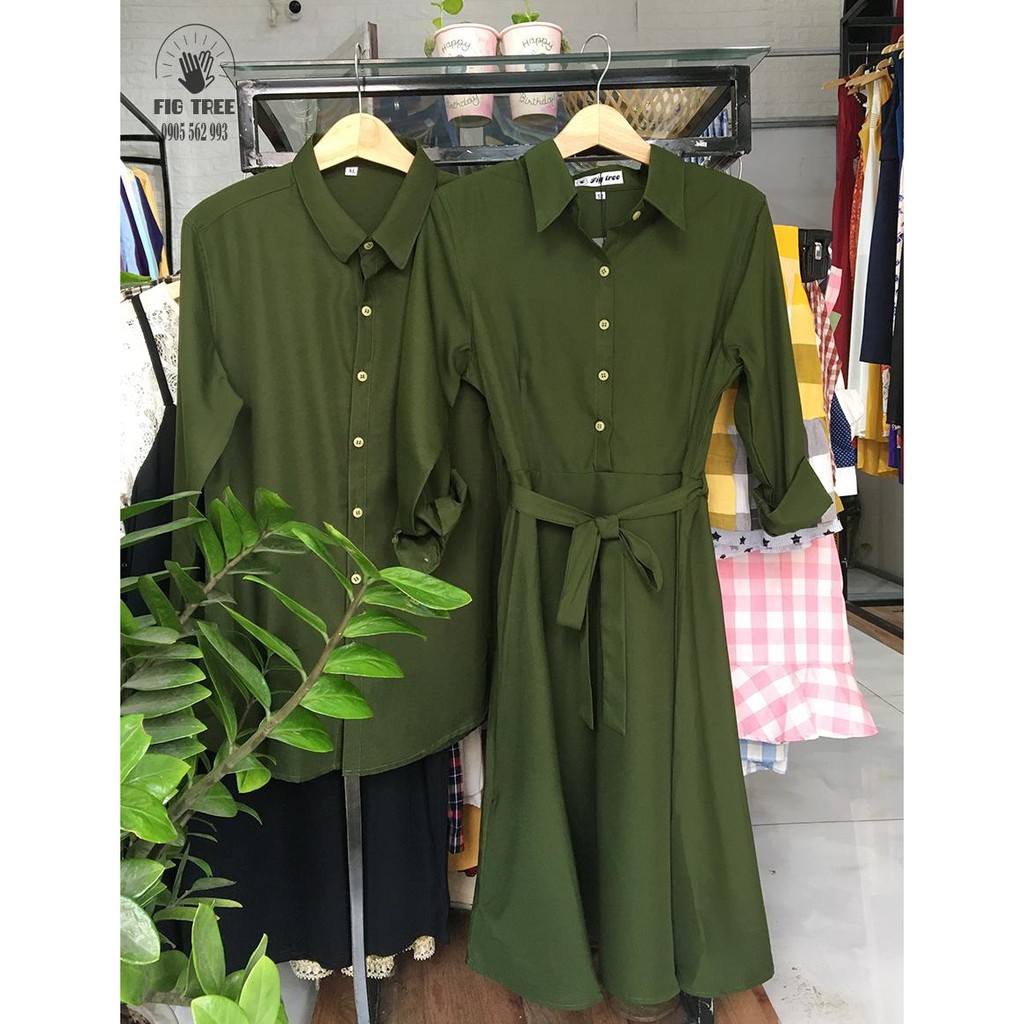 Set Sơ Mi Váy FIGTREE Màu Xanh Olive Siêu Cute Cho Các Cặp Tình Nhân