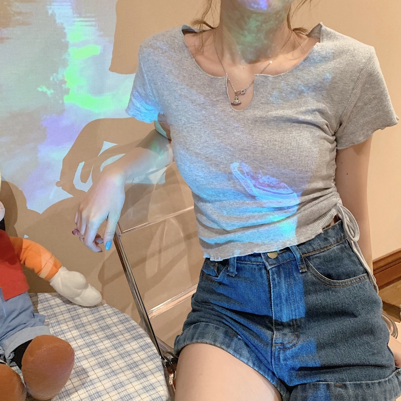 Áo thun ZHELIHANGFEI ngắn tay cổ cao phối dây rút thời trang mùa xuân 2022 cho nữ