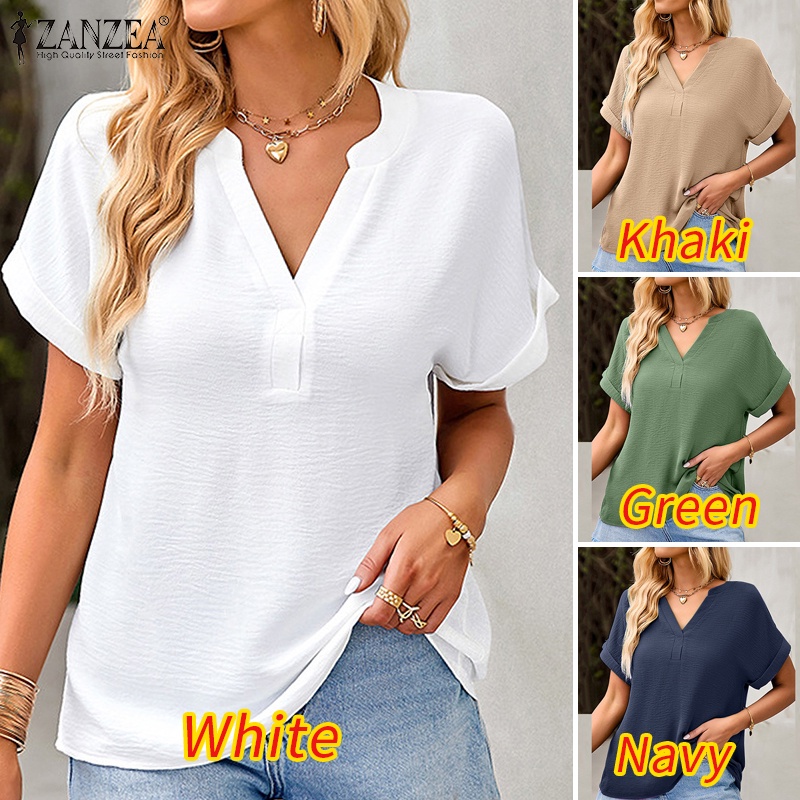 Zanzea Áo Nữ Tay Ngắn Cổ Chữ V Màu Trơn Phong Cách Châu Âu