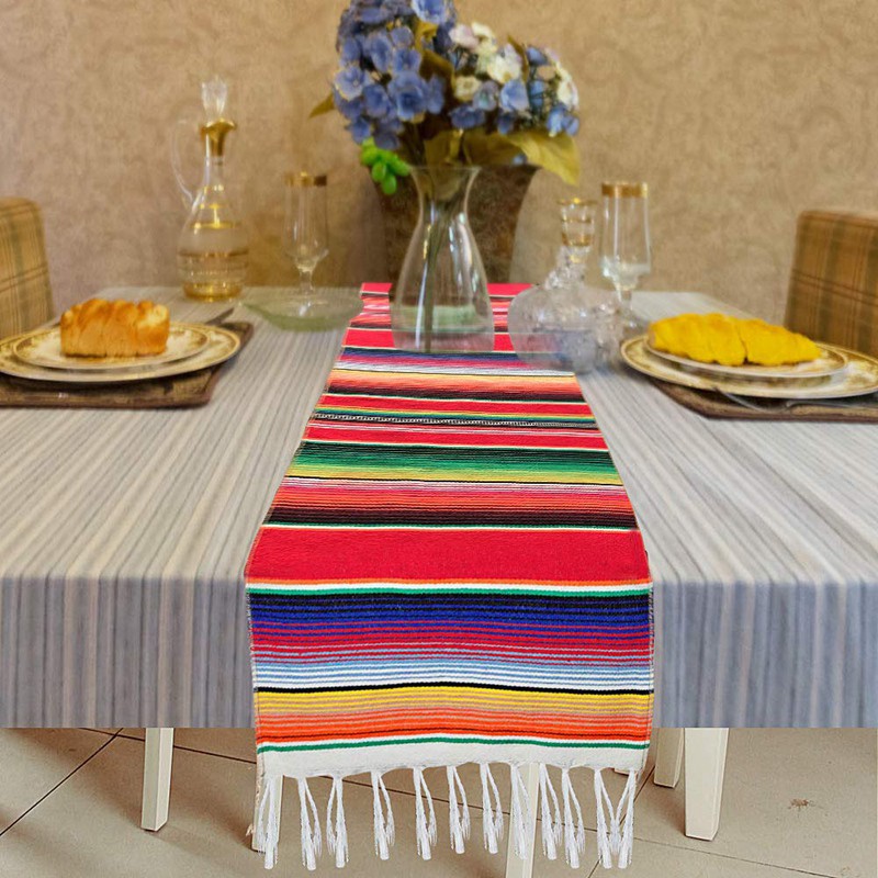 2 Pack 14 By 84 Inch Mexican Table Runner 14 x 84 Inch Mexican Party Wedding Decorations Fringe Cotton Serape Blanket Table Runner(Red