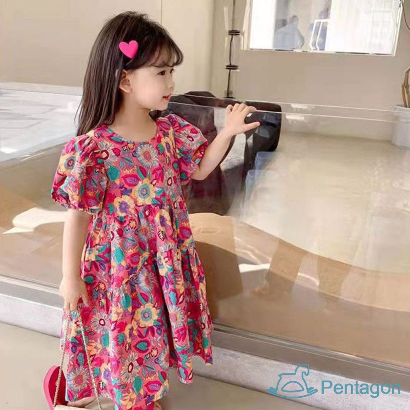 Đầm Tay Ngắn Cổ Tròn In Họa Tiết Hoa Xinh Xắn Thời Trang Cho Bé Gái 1-5 Tuổi