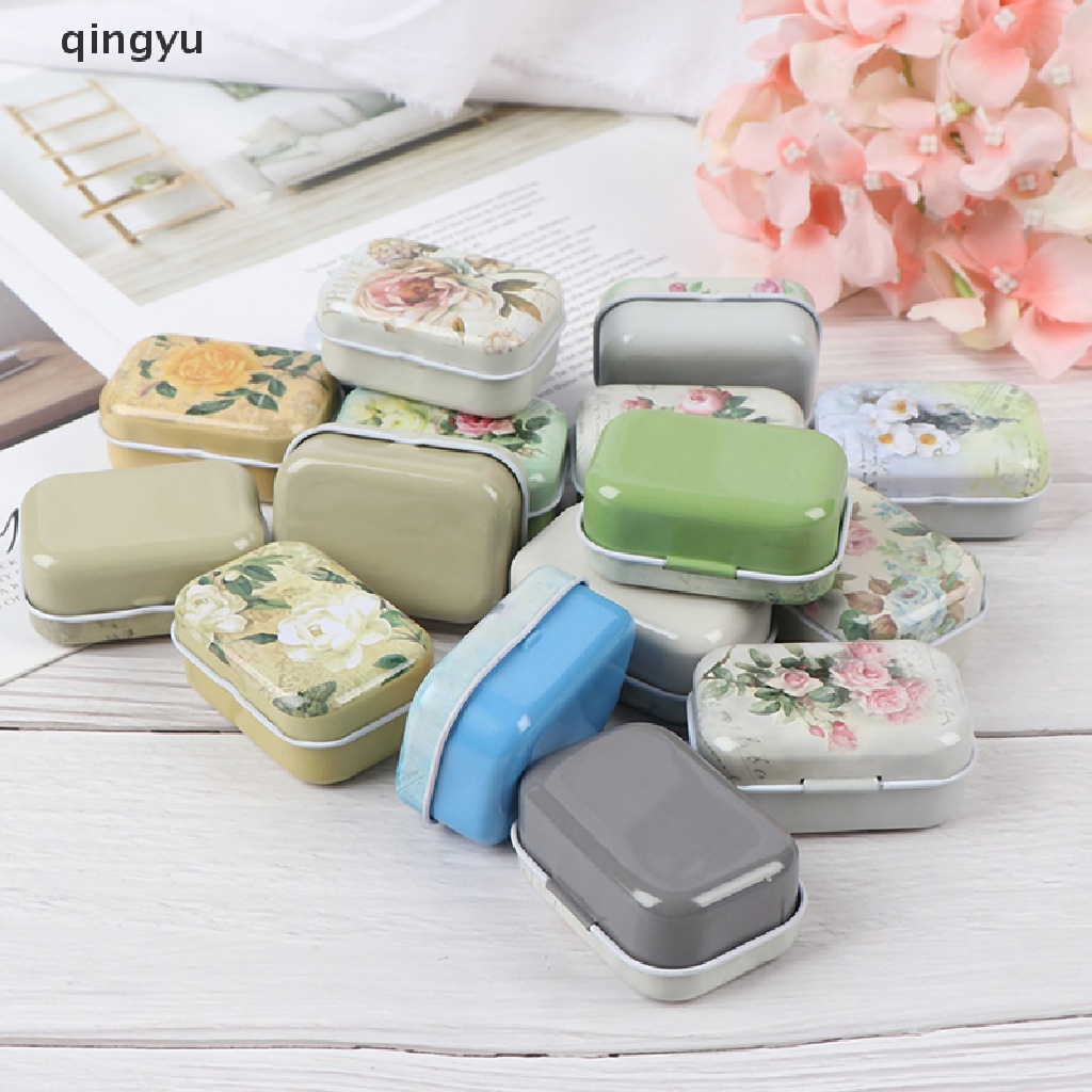 Qyvn Hộp thiếc mini đựng trang sức hình chữ nhật in họa tiết hoa