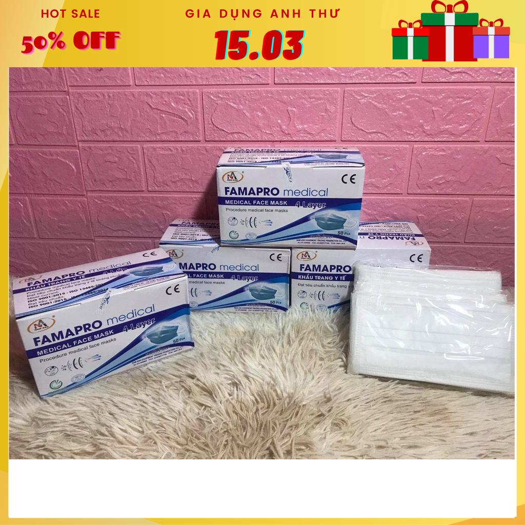 Thùng 50 hộp khẩu trang y tê 4 lớp kháng khuẩn cao cấp màu trắng Nam Anh Famapro (2500 cái)