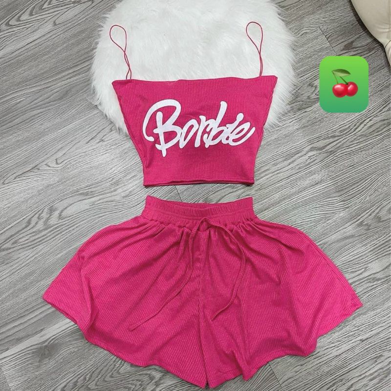 Set bộ mặc nhà 2 dây in chữ Barbie siêu cưng