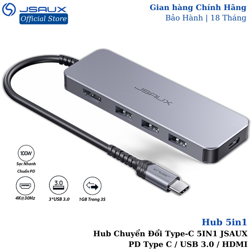 Hub Type-C 5 Trong 1 JSAUX – Bộ Chuyển Đổi Hub Thông Minh USB 3.0 / HDMI / PD Type-C Vừa Sạc Vừa Có Thể Sử Dụng