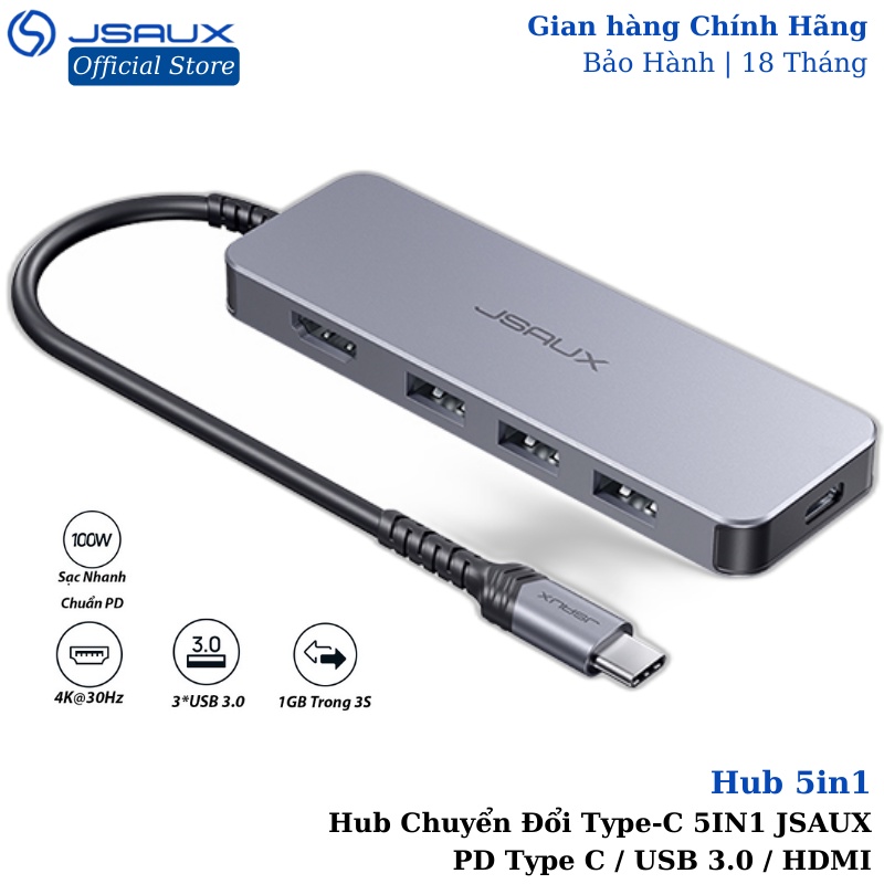 Hub Chuyển Đổi Type-C 5 Trong 1 JSAUX – Bộ Chuyển Đổi Thông Minh USB 3.0 / HDMI / PD Type-C Vừa Sạc Vừa Có Thể Sử Dụng