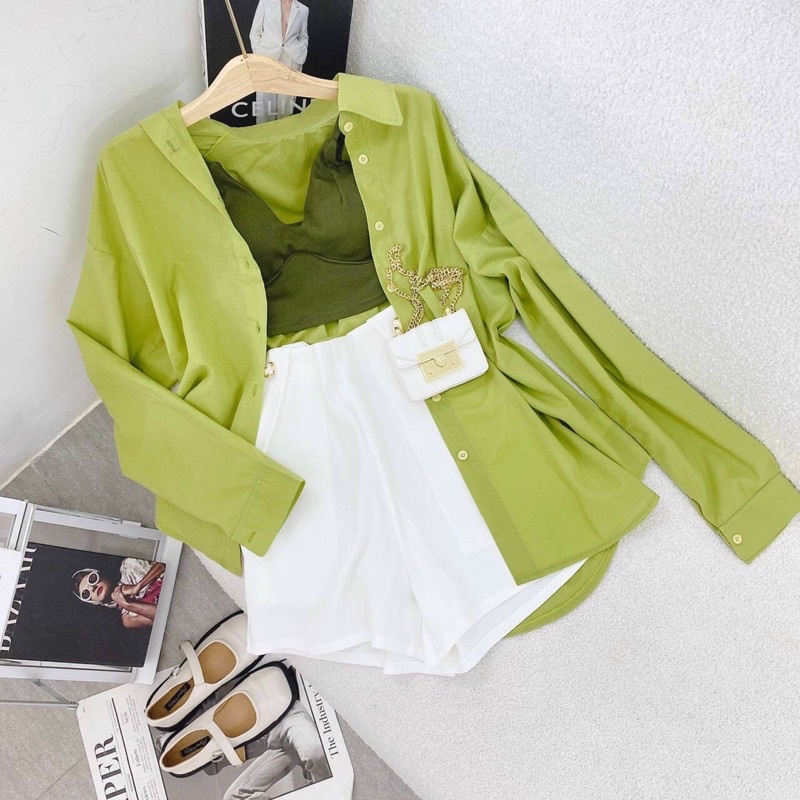 Set sơ mi xanh thun crop 2 dây short trắng