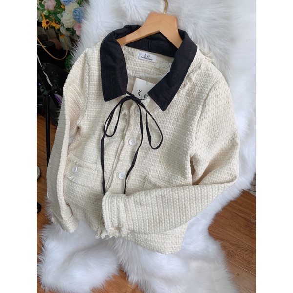 [Ảnh thật/Video]Áo khoác dạ tweed kiểu xinh dáng ngắn nơ cổ thiêu thư | BigBuy360 - bigbuy360.vn