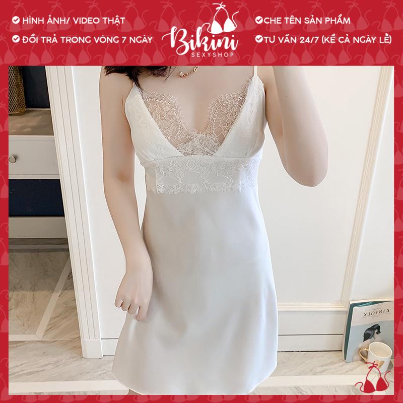 ❣️ Váy ngủ nữ 2 dây chất liệu lụa Quảng Châu phối ren ngực gợi cảm Freesize màu đen/ đỏ/ trắng/ hồng/ xanh SN05