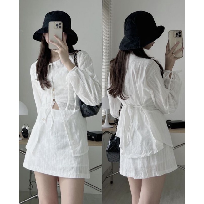 SET VÁY THÔ ĐŨI 3 MÓN yena.closet - Set đũi xước trắng sơ mi thắt eo kèm áo quây mix chân váy chữ A ulzzang