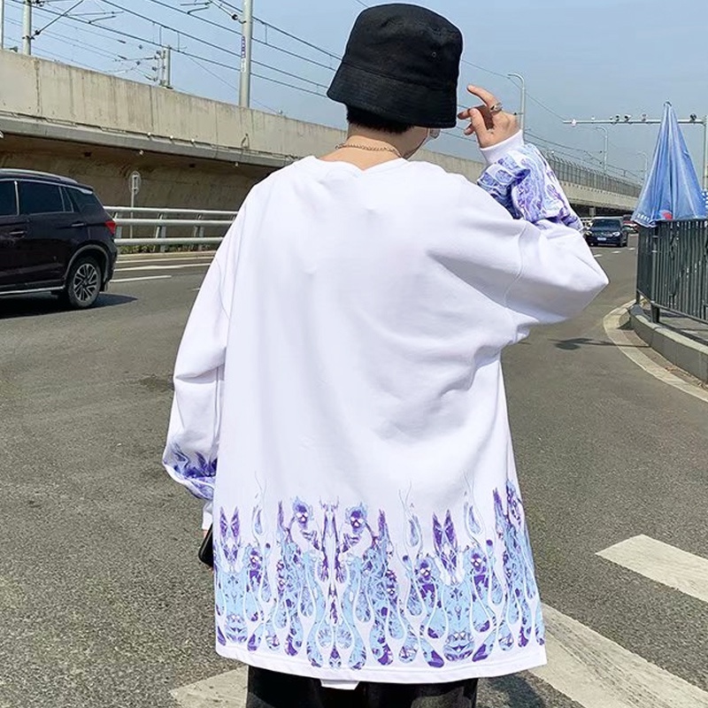 Áo nỉ tay dài in hình ngọn lửa phong cách hip hop thời trang cho nam nữ