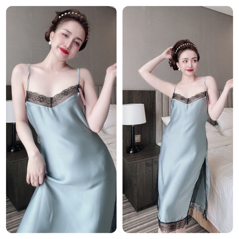 Váy Ngủ Nữ Biagsize, Đầm Ngủ Nữ lụa 2 Dây Sexy Nữ, lụa satin phối ren, Freesize 40_70kg, tuỳ chiều cao