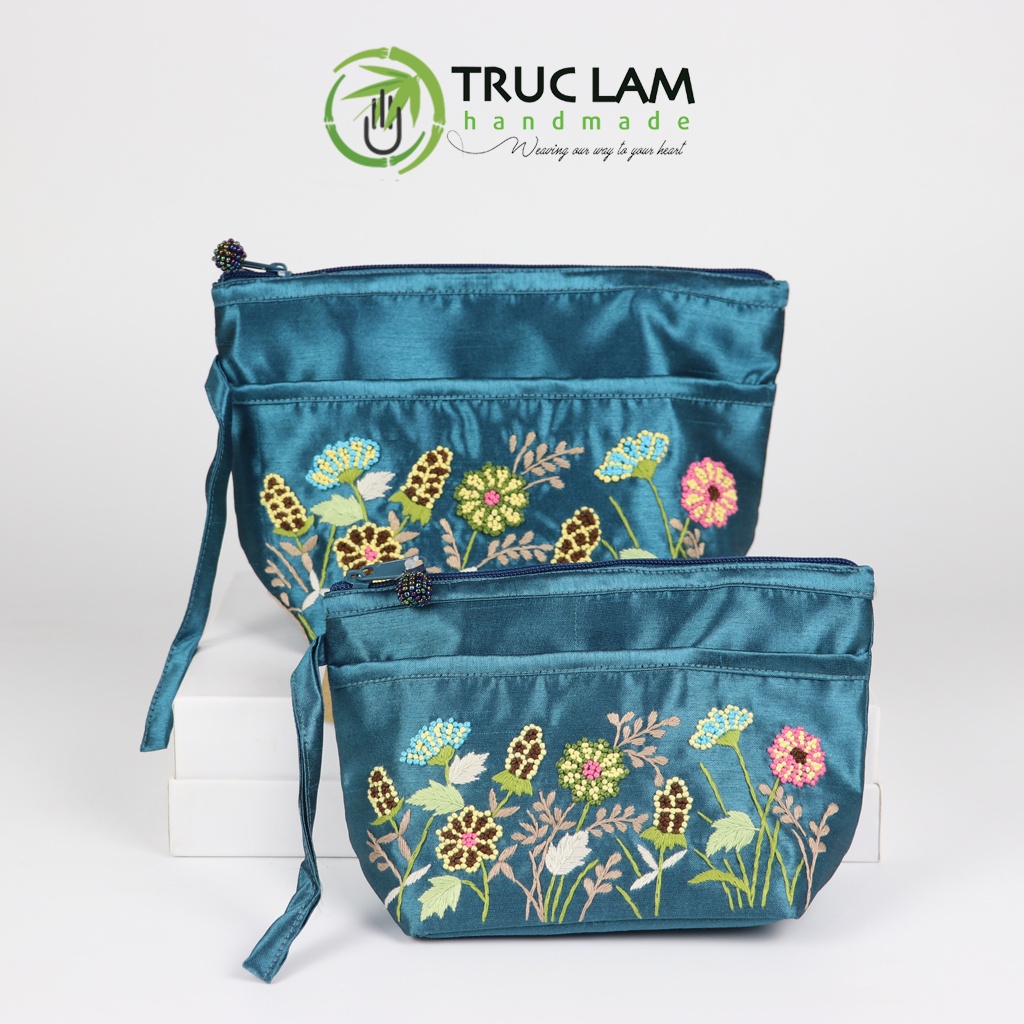 Ví Cầm Tay Nữ Vải Tafta Họa Tiết Hoa Cỏ Sa Hạt Thêu Tay Set 2 Chiếc