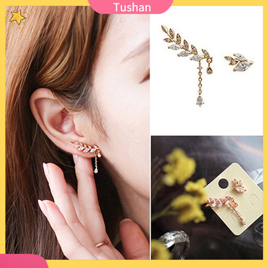 Khuyên tai dạng dài hình chiếc lá đính đá sang trọng