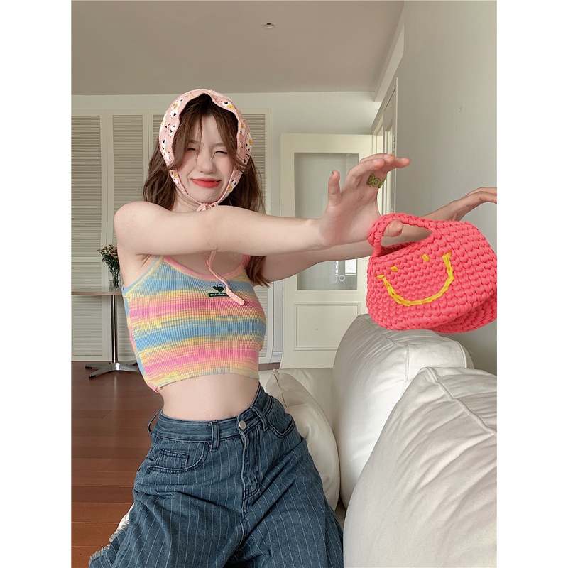 Áo Dệt Kim Hai Dây Dáng Ôm Họa Tiết Kẻ Sọc Nhiều Màu Sắc Thời Trang Mùa Hè Phong Cách Hàn Quốc Cho Nữ