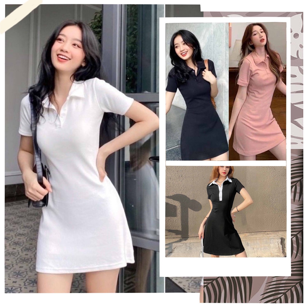SUV001 Váy thun trơn body sexy đen cổ polo trắng xòe chữ A Đầm nữ dáng ôm freesize học sinh sinh viên hot hit ngắn tay