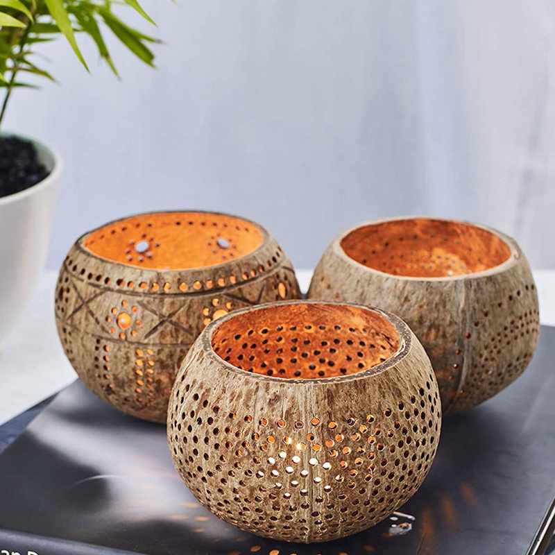 Đế Nến Bằng Gỗ Dừa (Bộ 3 Cái) Với Nến Thơm Dừa - Trang Trí Boho