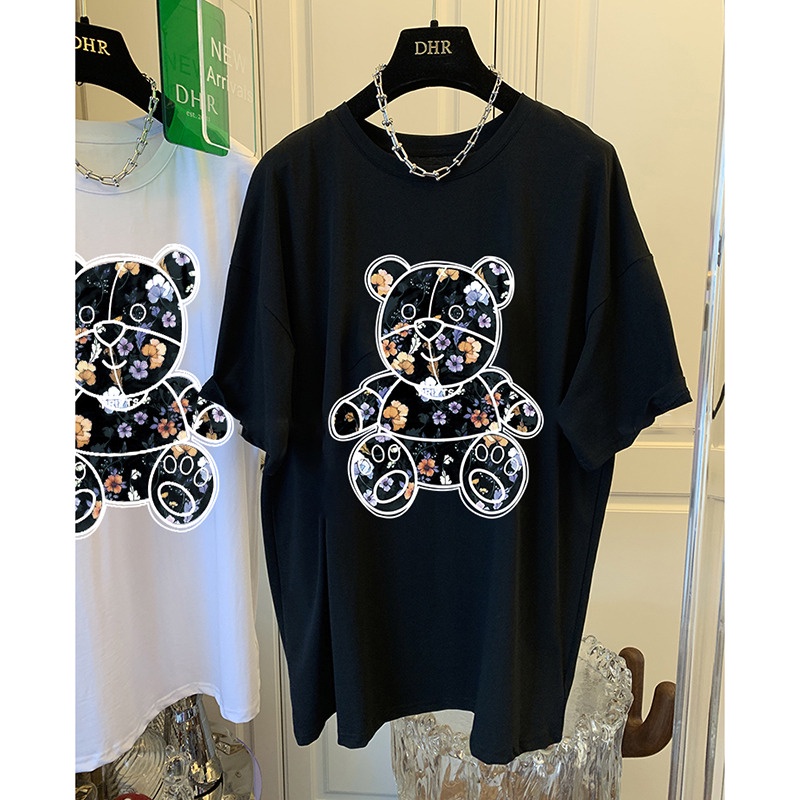 Áo thun HIIXIIVI 100% cotton tay ngắn cổ tròn in hình gấu phong cách Hàn Quốc 2022 thời trang mùa hè dành cho nữ