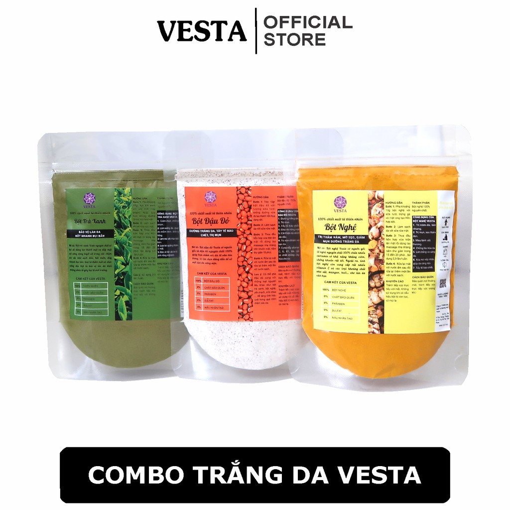 Combo 3 Trắng Da Vesta Bột Trà Xanh &amp; Nghệ &amp; Đậu Đỏ