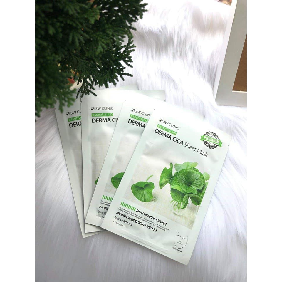 Mặt nạ cấp ẩm chống lão hóa ngừa mụn chiết xuất rau má 3W Clinic Essential Up Derma Cica Sheet Mask 25ml - Rau má