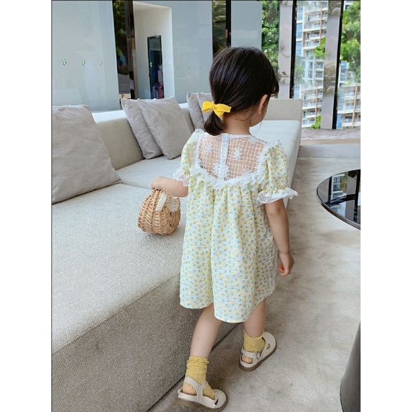 Đầm Tiểu Thư Hoa Nhí Phong Cách Hàn Quốc, Cổ Viền Ren Cao Cấp Tay Bồng , Dáng Baby Doll