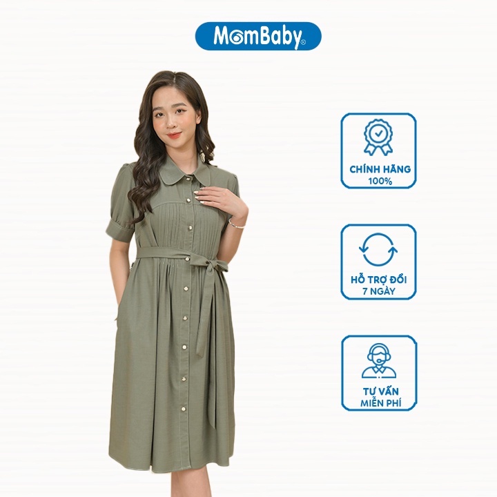 Đầm bầu hè công sở, váy dáng sơ mi thắt đai chất đũi hàn mềm mặc bầu và sau sinh-MOMBABY