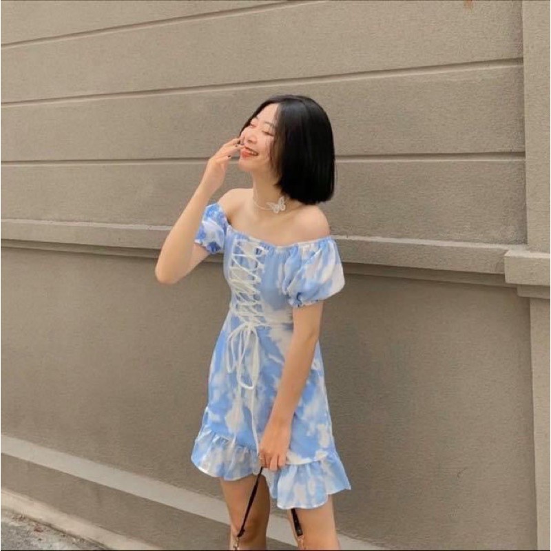 Đầm kiểu ngắn nữ trễ vai tay ngắn dây rút ngực dáng suông hoạ tiết xanh đám mây - Order taobao quảng châu