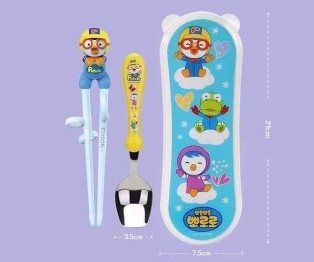 Set đũa thìa tập gắp cho bé Pororo EDISON Hàn Quốc - SEED BABY