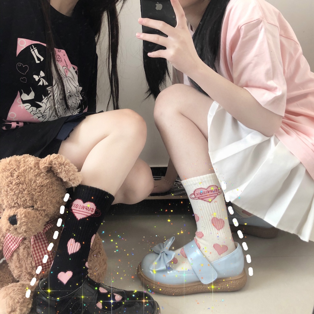 Vớ cotton Cổ Cao Màu Trắng/Đen Phong Cách Lolita Cho Nữ