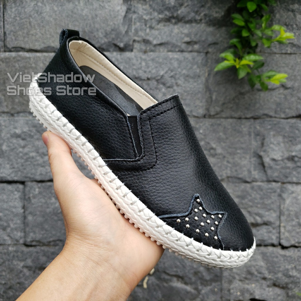 Slip on da nữ - Giày lười da nữ đế khâu trang trí hình ngôi sao đính đá - Chất liệu bò 2 màu đen và trắng - Mã SP 621