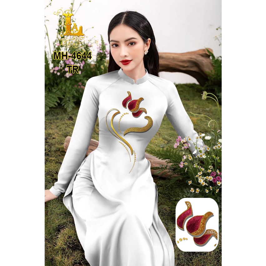Vải áo dài hoa xinh , chất lụa ruby bóng nhẹ, sang trọng, mềm, mượt, mịn, mát, co giãn nhẹ bề ngang.