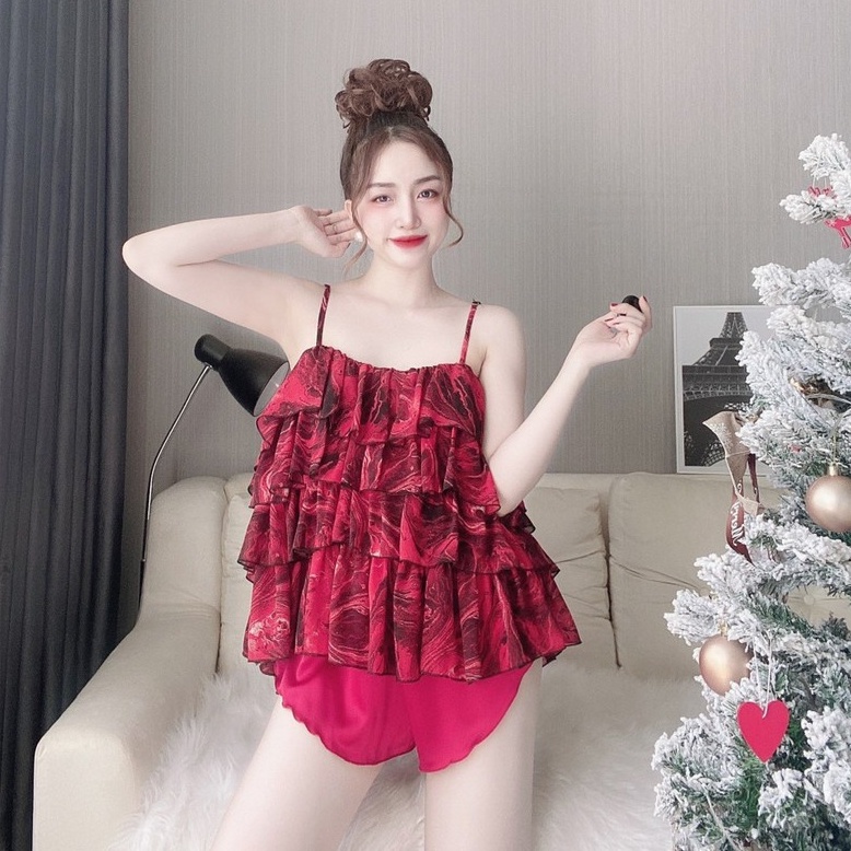 Bộ Đồ Ngủ 2 Dây Sexy Voan Tơ Tầng Phối Quần Satin FREESHIP