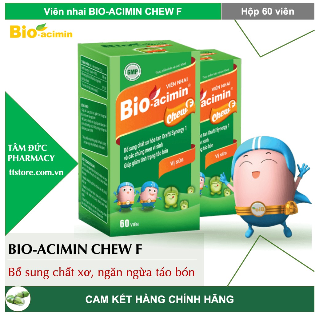 Viên nhai BIO-ACIMIN CHEW F vị sữa [Hộp 60 viên] - Bổ sung chất xơ, hết táo bón - Bioacimin / Fiber