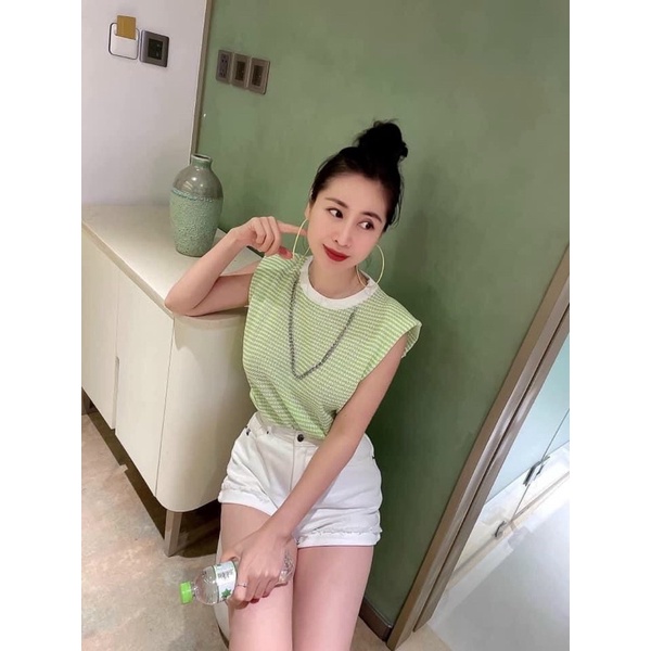 Áo len lưới kẻ sát nách cổ xích vai đệm quảng châu