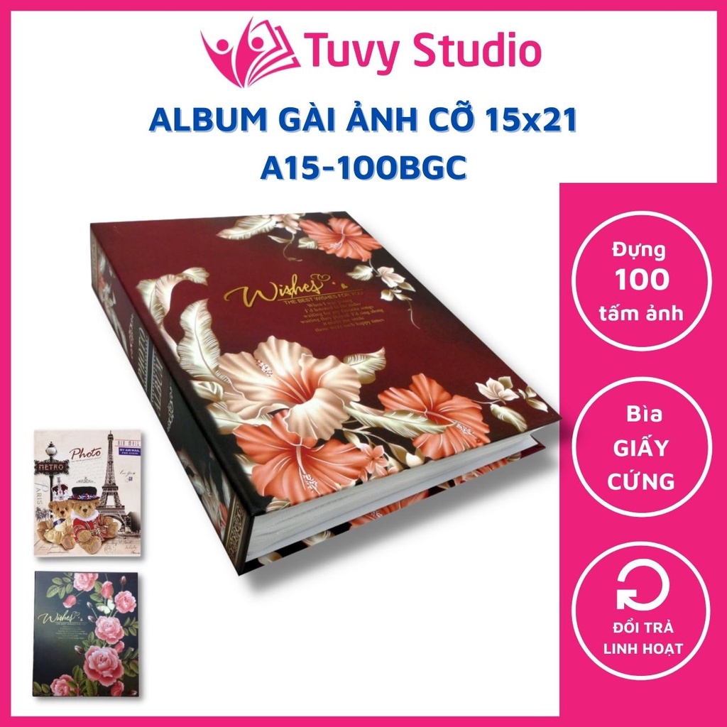 Album ảnh 15x21 đựng 100 tấm bìa giấy cứng hình hoa, gấu bông du lịch đựng ảnh gia đình quà tặng ý nghĩa Tú Vy Studio